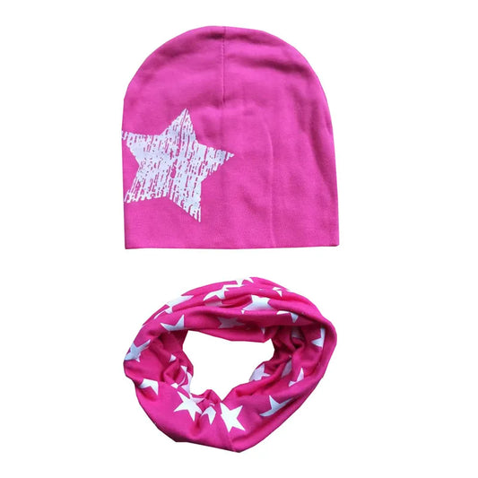 Kids Star Print Cotton Hat & Scarf Set O-Ring Neck Warmer Beanie