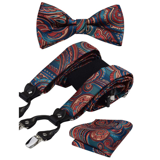 GUSLESON Floral Paisley Suspenders Set with Bow Tie Pocket Square