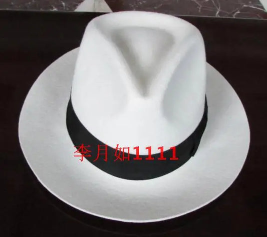 White 100% Wool Fedora Hat Black Contrast Band Vintage Cowboy Cap