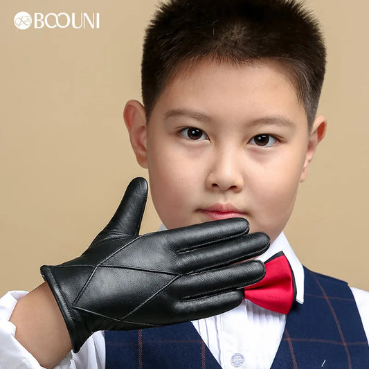 BOOUNI Kids Genuine Sheepskin Leather Gloves Velvet Lined Winter