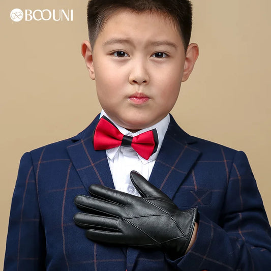 BOOUNI Kids Genuine Sheepskin Leather Gloves Velvet Lined Winter