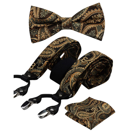 GUSLESON Floral Paisley Suspenders Set with Bow Tie Pocket Square
